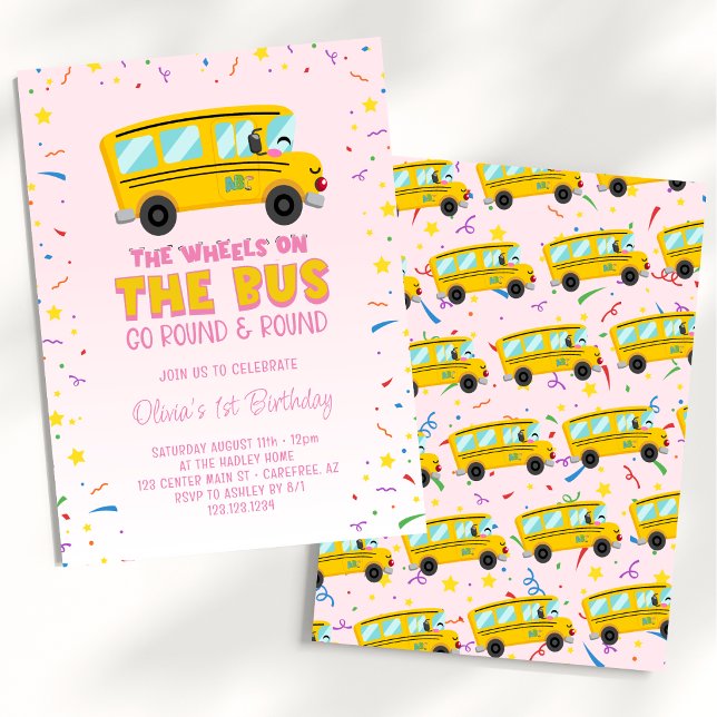 Rosa hjul på bussen 1-årsdag inbjudningar (Skapare uppladdad)