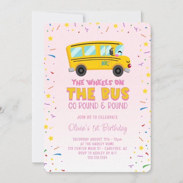 Rosa hjul på bussen 1-årsdag inbjudningar (Framsida)