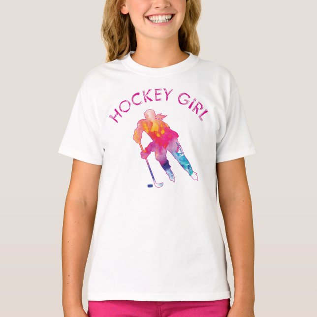 Rosa Hockey Girl Watercolor T-Shirt (Framsida)