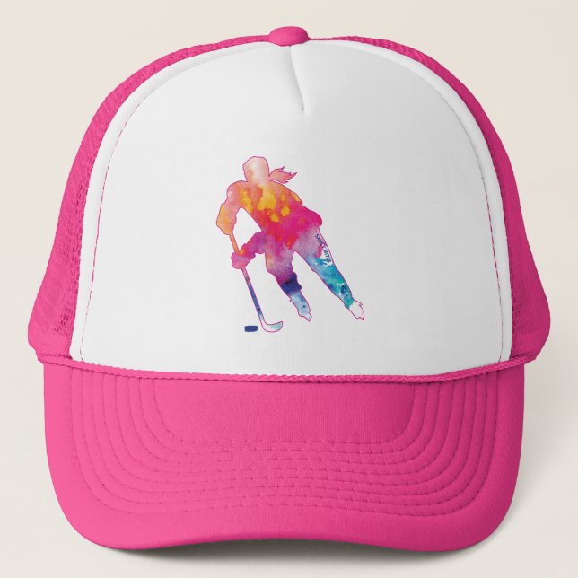 Rosa Hockey Player Watercolor Cap Keps (Framsida)