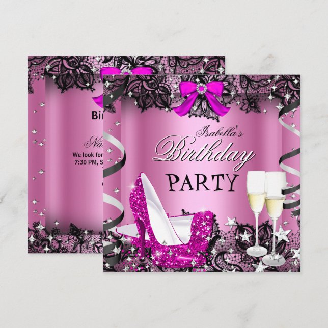 Rosa högklackad champagne svart spets födelsdagsfe inbjudningar (Fram/baksida)