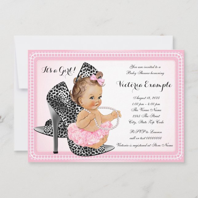 Rosa högklackad sko tutu pärlor baby shower inbjudningar (Framsida)