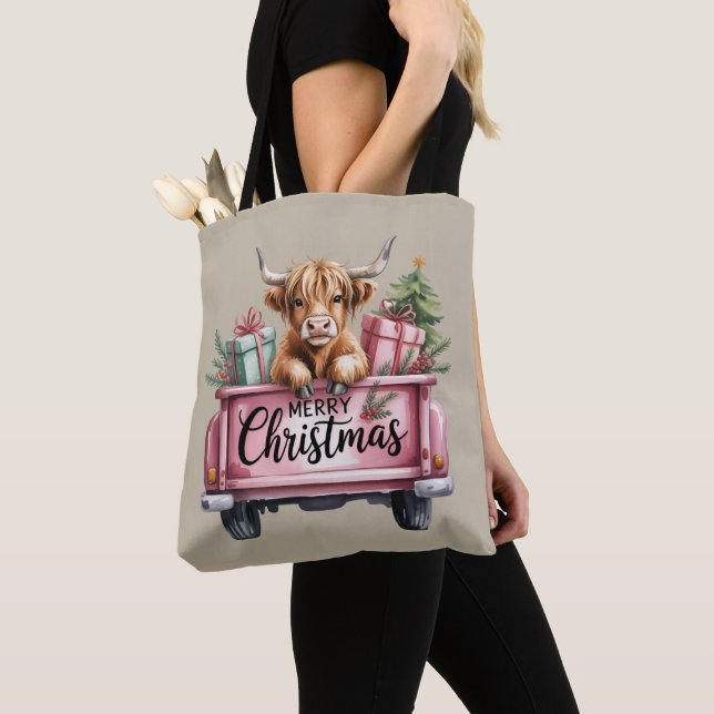 Rosa högländerko Xmas flickig luddig ko i lastbil Tygkasse (Närbild)