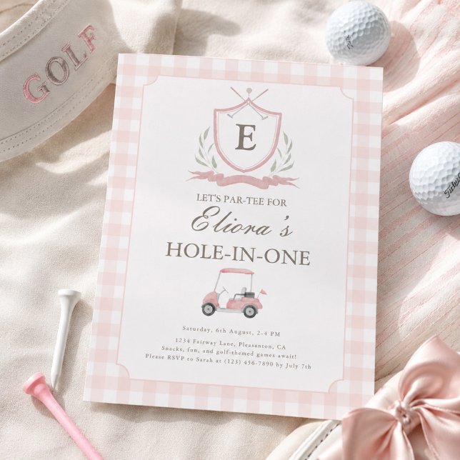 Rosa Hole in One Gingham Födelsedagsinbjudan Inbjudningar (Skapare uppladdad)