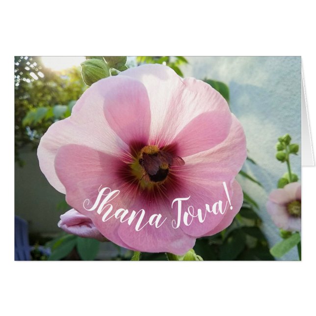 Rosa Hollyhock Flower med Bee Rosh Hashanah Card Hälsningskort (Framsidan Horizontal)