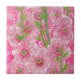 Rosa Hollyhock Mallow Malva Flower Blommigt Painti Kakelplatta