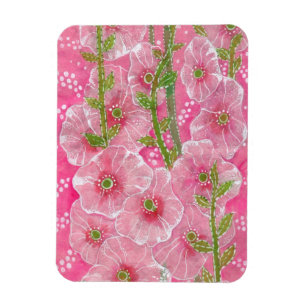 Rosa Hollyhock Mallow Malva Flower Blommigt Painti Magnet