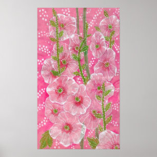 Rosa Hollyhock Mallow Malva Flower Blommigt Painti Poster