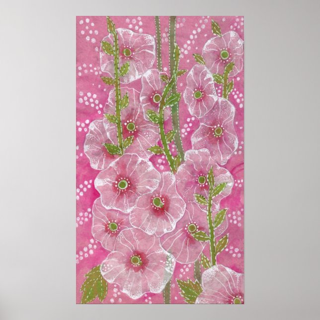 Rosa Hollyhock Mallow Malva Flower Blommigt Painti Poster (Framsidan)