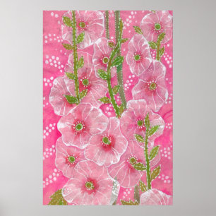 Rosa Hollyhock Mallow Malva Flower Blommigt Painti Poster