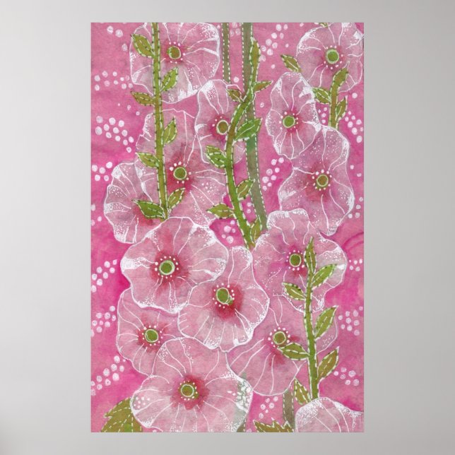 Rosa Hollyhock Mallow Malva Flower Blommigt Painti Poster (Framsidan)