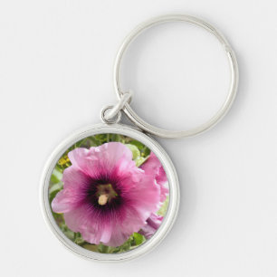 ROSA HOLLYHOCK RUND SILVERFÄRGAD NYCKELRING