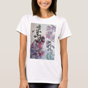 Rosa Hollyhock Watercolor Bläck Painting T Shirt