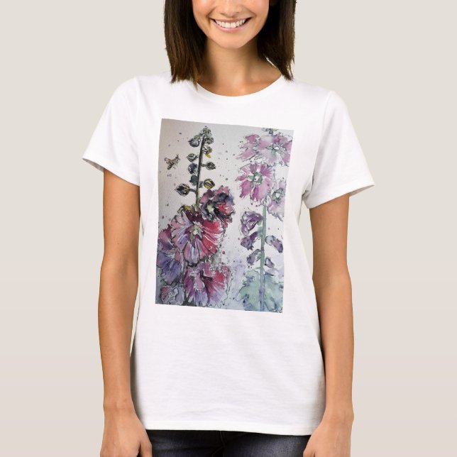 Rosa Hollyhock Watercolor Bläck Painting T Shirt (Framsida)