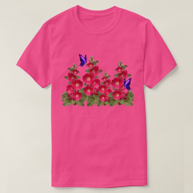 Rosa Hollyhocks Butterfly Comfortable Cotton T-Shi T Shirt (Design framsida)
