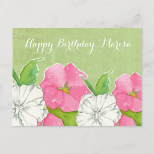 Rosa Hollyhocks Watercolor Flowers Grattis på föde Vykort