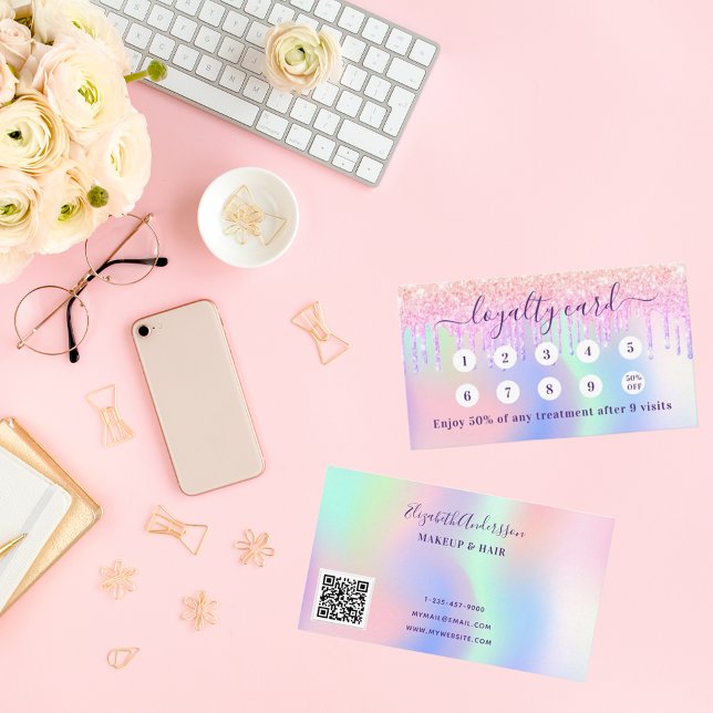Rosa holograc glitter droppar qr-kodförmånskort visitkort (Skapare uppladdad)