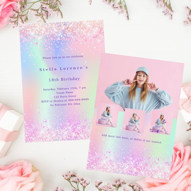 Rosa holografik glitter fotolyxår inbjudningar (Skapare uppladdad)