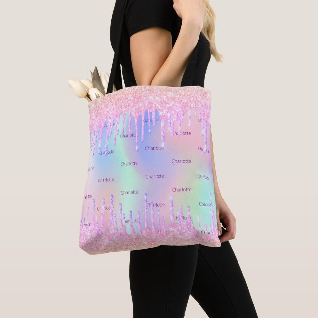Rosa holografisk dropp monogram tygkasse (Närbild)