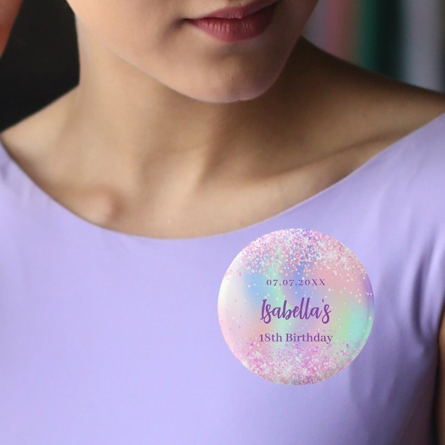 Rosa holografisk födelsedagsfest namn knapp (Skapare uppladdad)