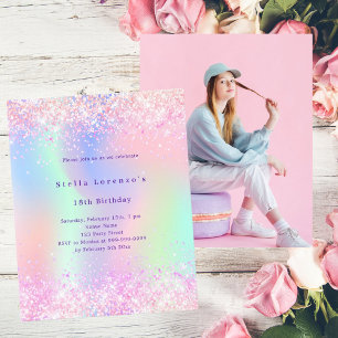 Rosa holografisk fotobudget födelsedagsinbjudan