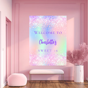 Rosa holografisk lila Sweet 16 Välkommen Poster