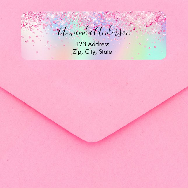 Rosa holografiska glitter till returadress returadress etikett (Skapare uppladdad)