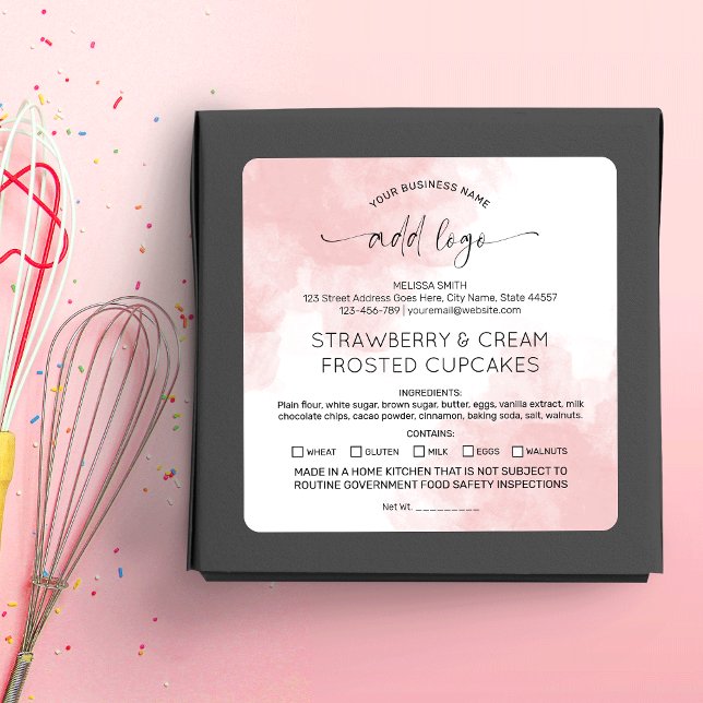  Rosa Home Bakery Cottage Law Ingredients Fyrkantigt Klistermärke (Feminine pink watercolor pastry chef dessert labels for your cookies, cupcakes or other treats)