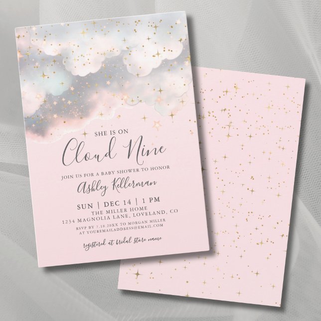Rosa Hon är i den sjunde himlen Baby Shower Inbjudningar (Pink She's On Cloud Nine Baby Shower Invitation)