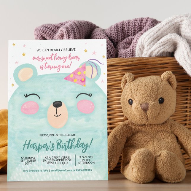 Rosa Honungsbjörn Födelsedag Inbjudningar (You can create plenty of honey for the big day with our bear birthday invitation!)