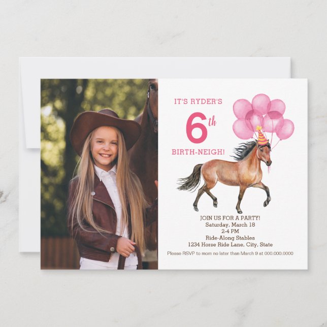 Rosa Horse-födelsedag Fotoinbjudan Inbjudningar (Framsida)