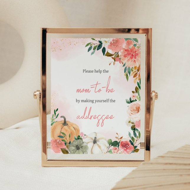 Rosa Höstfall Blommigt Pumpkin Kuvert Station Poster (Autumn Floral Pumpkin Baby Shower Envelope Station Sign)