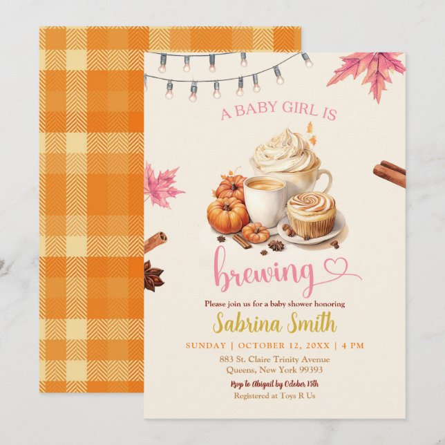 Rosa höstlöv Pumpa kaffe Baby Shower Inbjudningar (Fram/baksida)