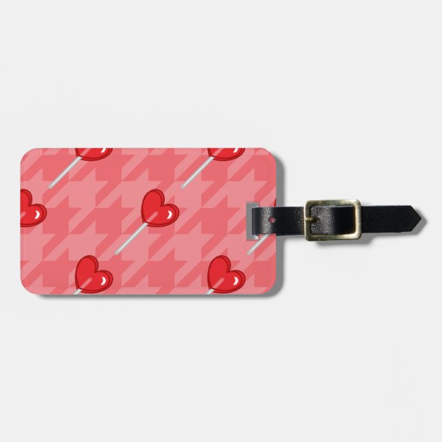 rosa Houndstooth Hjärlollipop Bagagebricka (Horisontell Framsida)