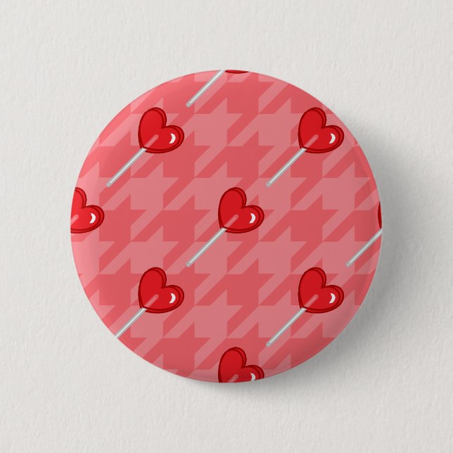rosa Houndstooth Hjärlollipop Knapp (Framsida)