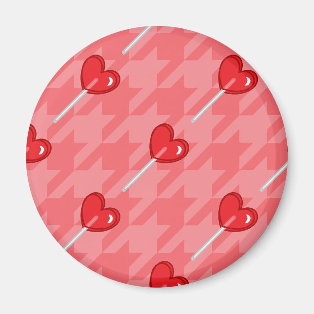 rosa Houndstooth Hjärlollipop Magnet (Framsidan)