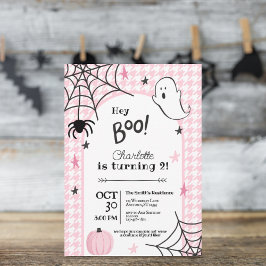 Rosa Houndstooth Spooky Halloween 2:a födelsedagen Inbjudningar
