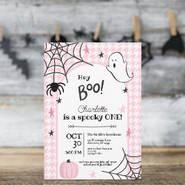 Rosa Houndstooth Spooky One Halloween Birthday Inbjudningar