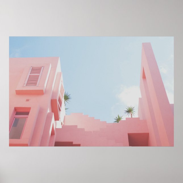 Rosa House och Handflatan Träd Photo Poster (Framsidan)