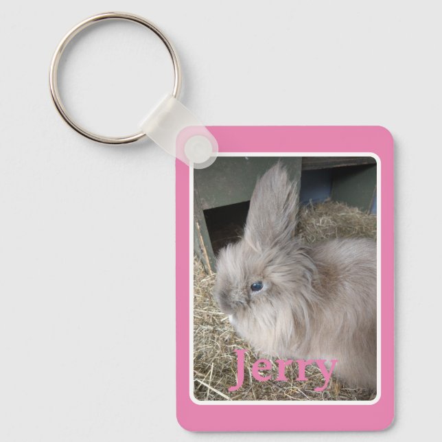 Rosa House Rabbit Photo Image med Namn Keepsak Nyckelring (Framsida)