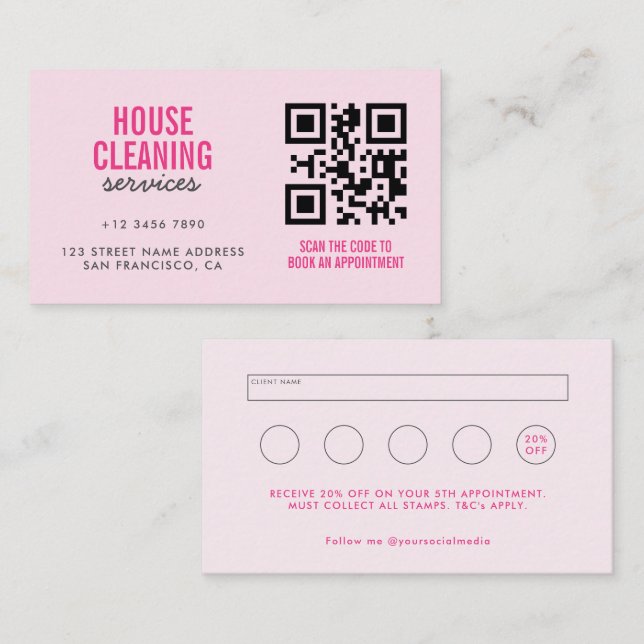 Rosa House Städning QR-kodsförmånen och Buss Visitkort (Fram/baksida)