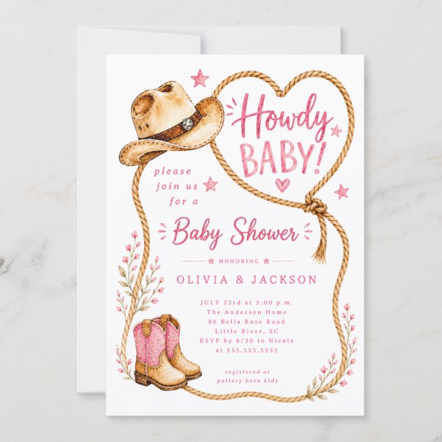Rosa Howdy Baby Shower-inbjudan Inbjudningar (Framsida)