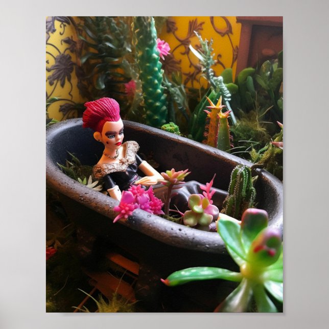 Rosa Hred Doll i en Rusty Bathtub i öknen Poster (Framsidan)