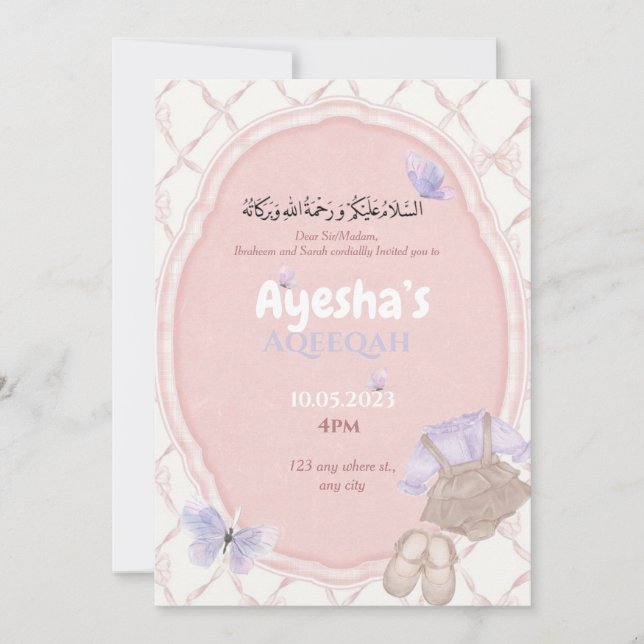 Rosa Hues Flicka Aqeqah-inbjudan Inbjudningar (Framsida)