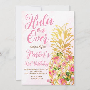 Rosa Hula på över, Luau, ananas Födelsedagsfest Inbjudningar