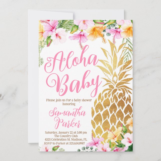  Rosa Hula på över Luau Pineapple Baby Shower Inbjudningar (Framsida)