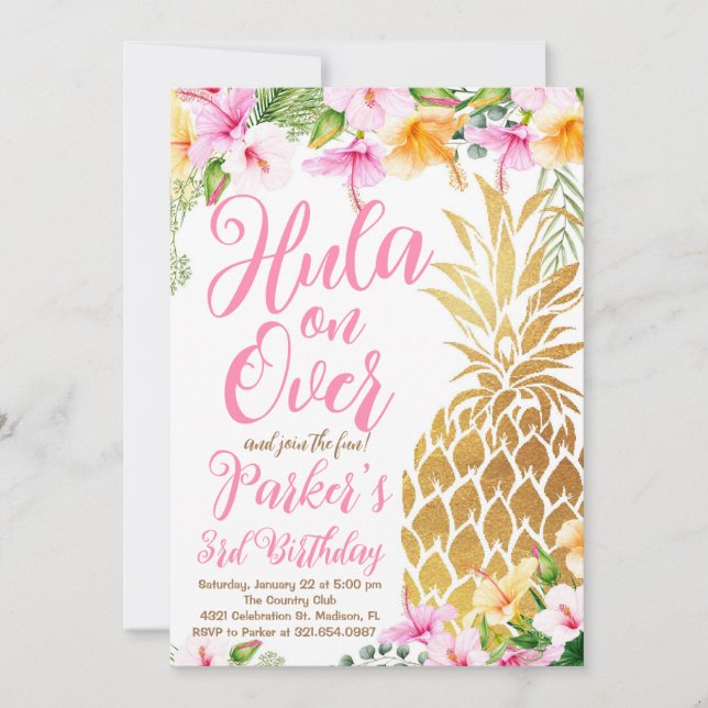 Rosa Hula på över, Luau, Pineapple Birthday Inbjudningar (Framsida)