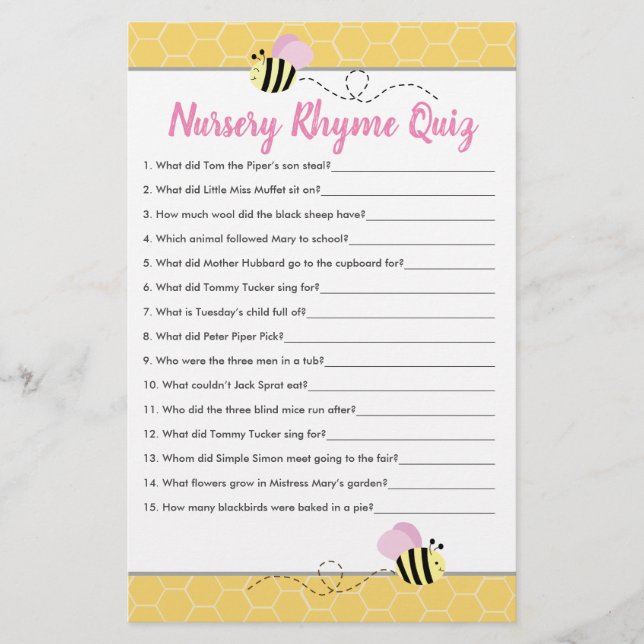 Rosa Humla Baby Shower Nursery Rhyme Quiz (Framsida)