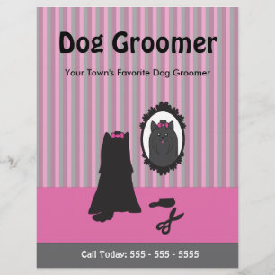 Rosa hund och hund som putsar sig framför spegeln  reklamblad