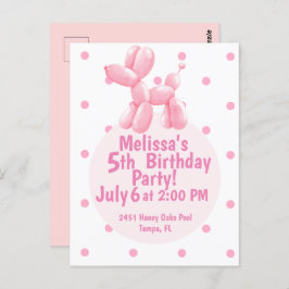 Rosa hundballong 5-års födelsedagsinbjudan  vykort